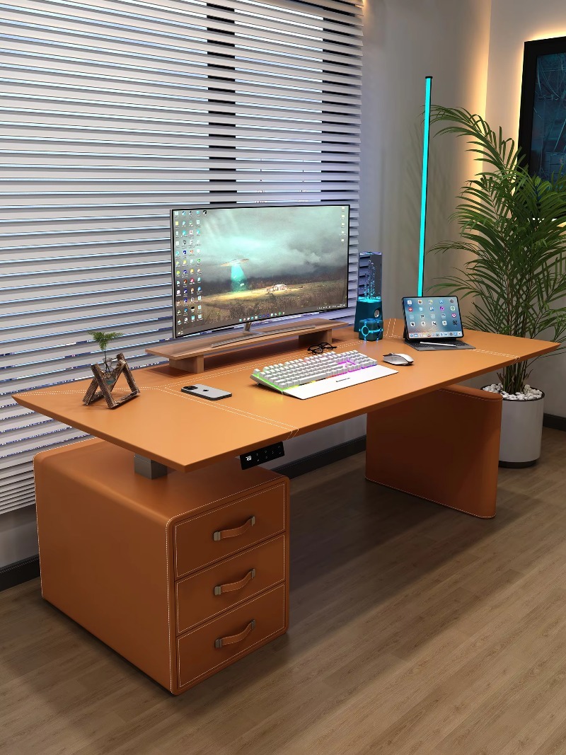 Leather Workbench - Smart Electric Lift Desk with Metal