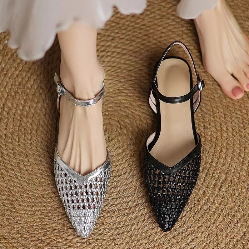 Leather Work Heels - French pointed-toe woven high-heeled sandals, breathable